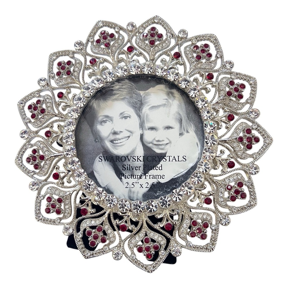 Swarovski Crystals Round Silver Plated Photo Frame 2.5" Table Top Decor